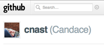 A screenshot of my github userid (cnast) and username (Candace)